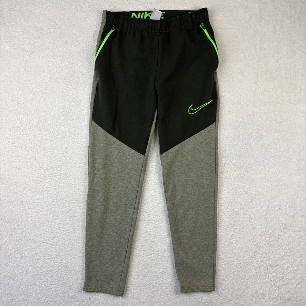 NIKE Therma-Fit Pants Joggers Mens Small Green Gray Large Logo Zip Pocket Fleece